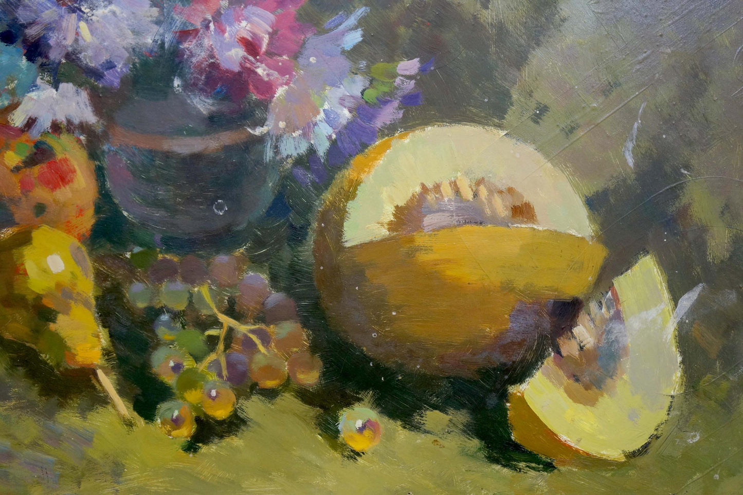 Oil painting still life with sliced cantaloupe and grapes by unknown artist