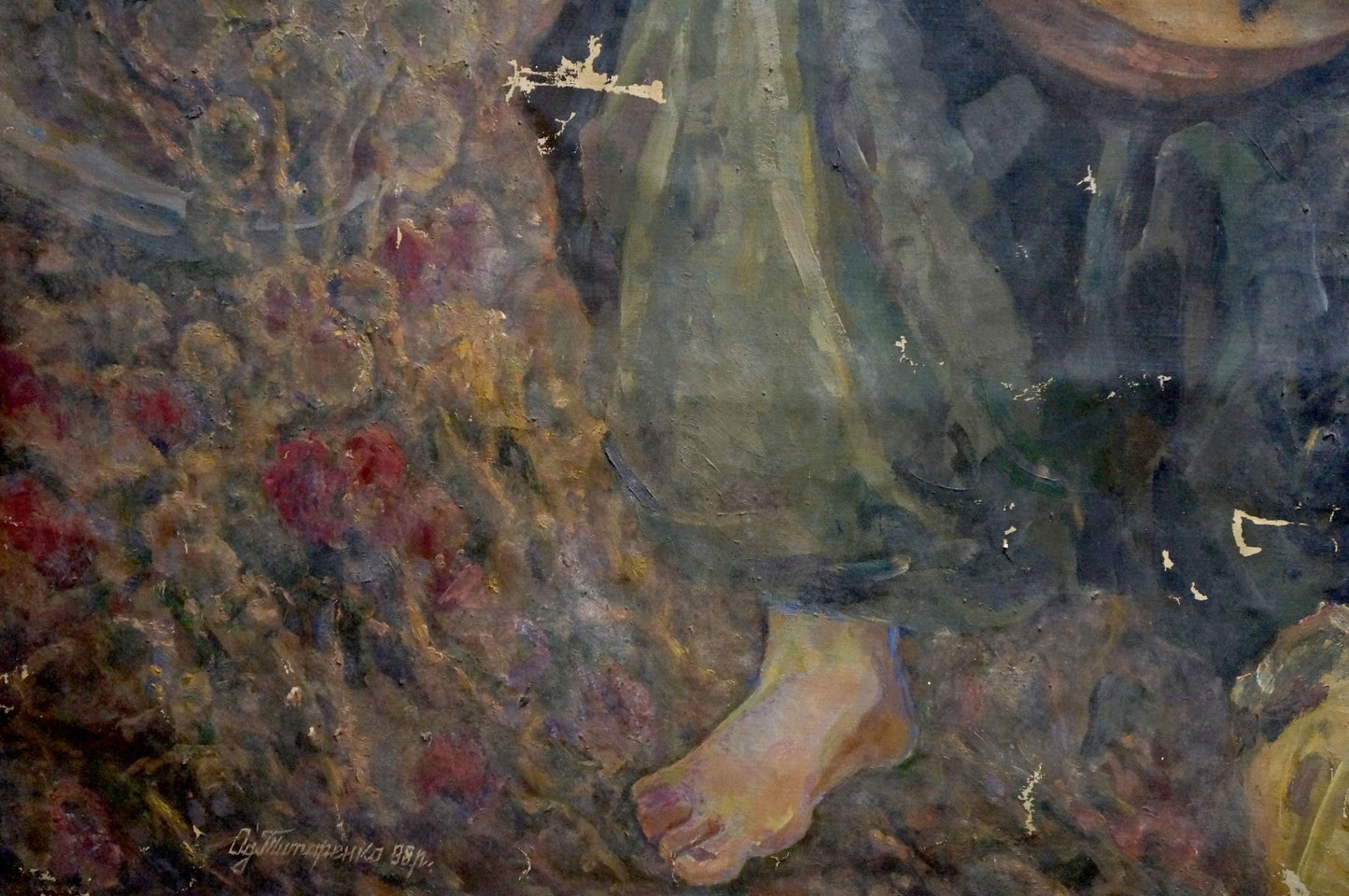 Oil painting of Tytarenko Odarka Anatoliivnas Cossacks bare peach foot on earthy ground