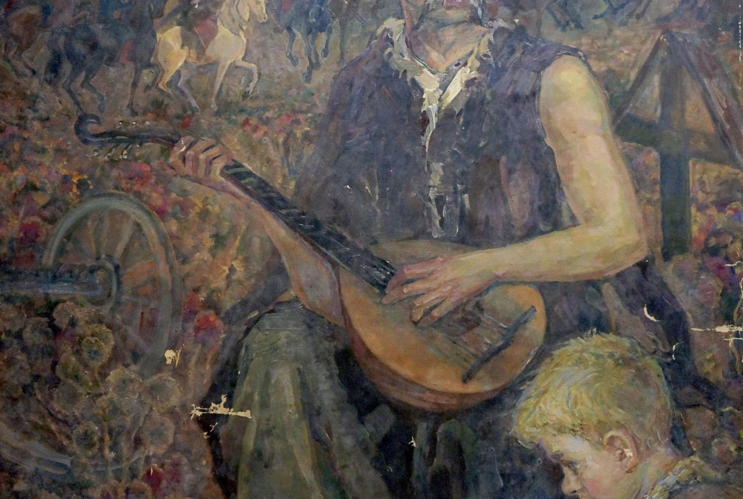 Oil painting of Cossacks with figure playing wooden lute, by Tytarenko Odarka Anatoliivna