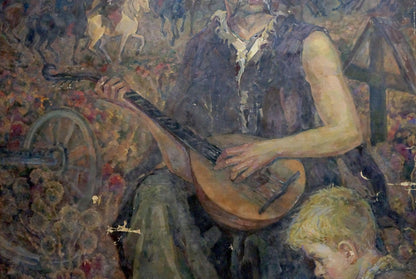 Oil painting of Cossacks with figure playing wooden lute, by Tytarenko Odarka Anatoliivna