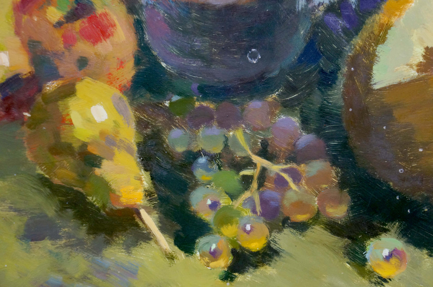 Oil painting of purple green grapes melon pears by unknown artist