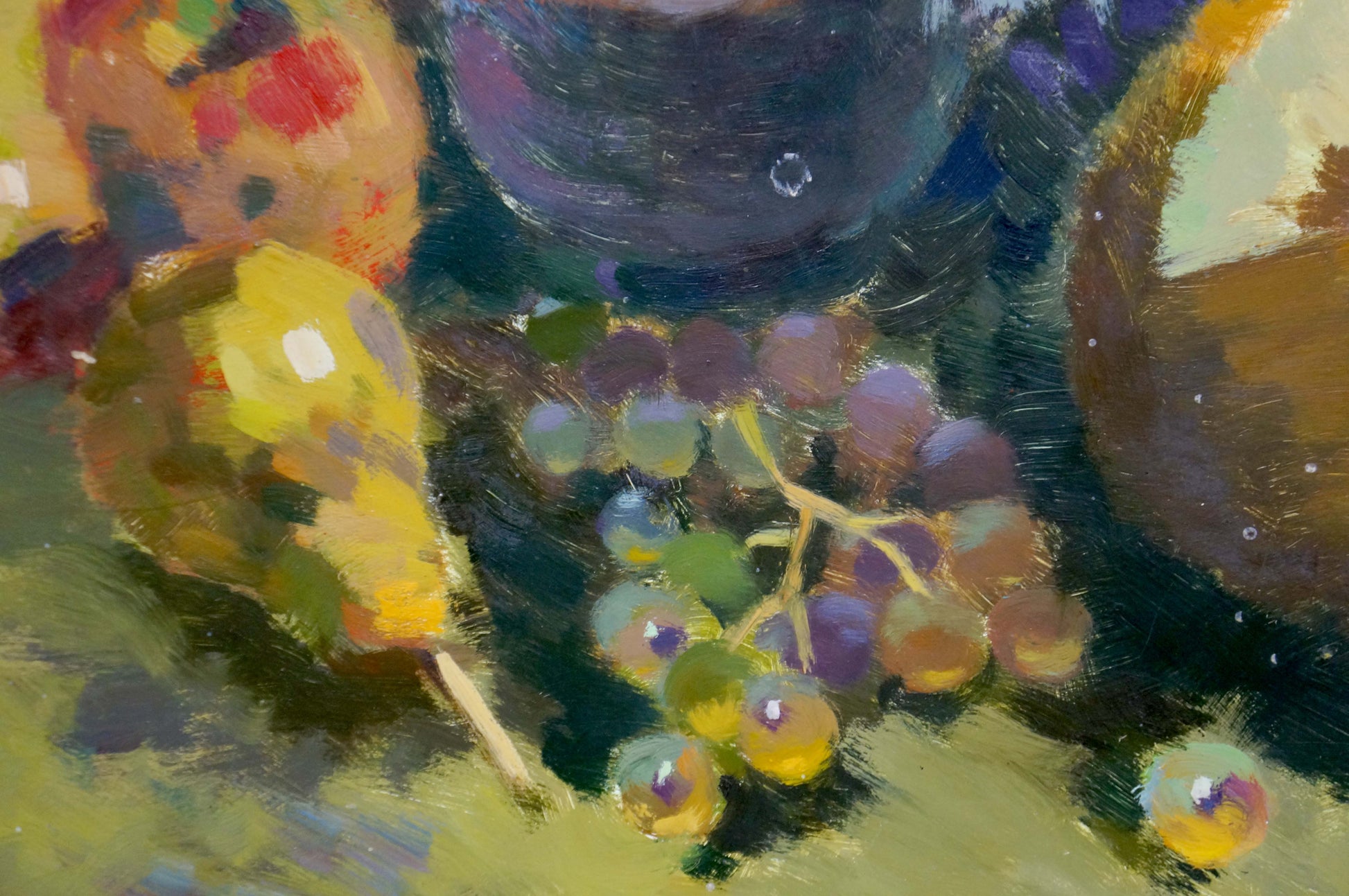 Oil painting of purple green grapes melon pears by unknown artist