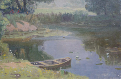 Oil painting of wooden rowboat on tranquil river by Zorya Galina Denisovna