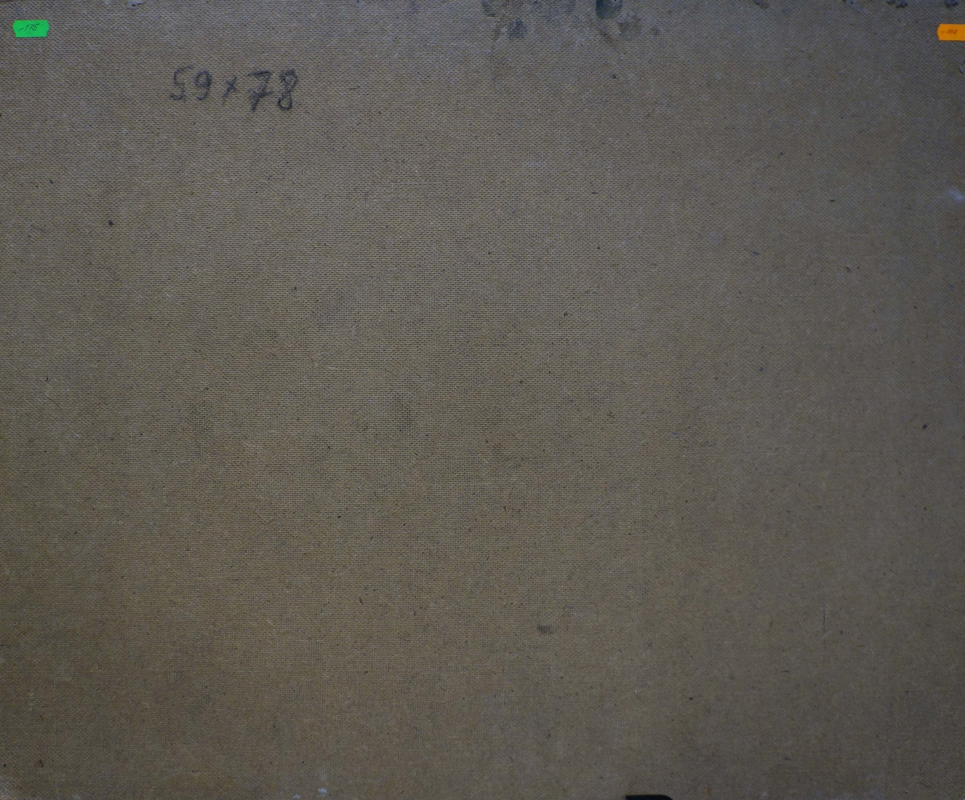 Back of oil painting Still life with melon and pears marked 59/78