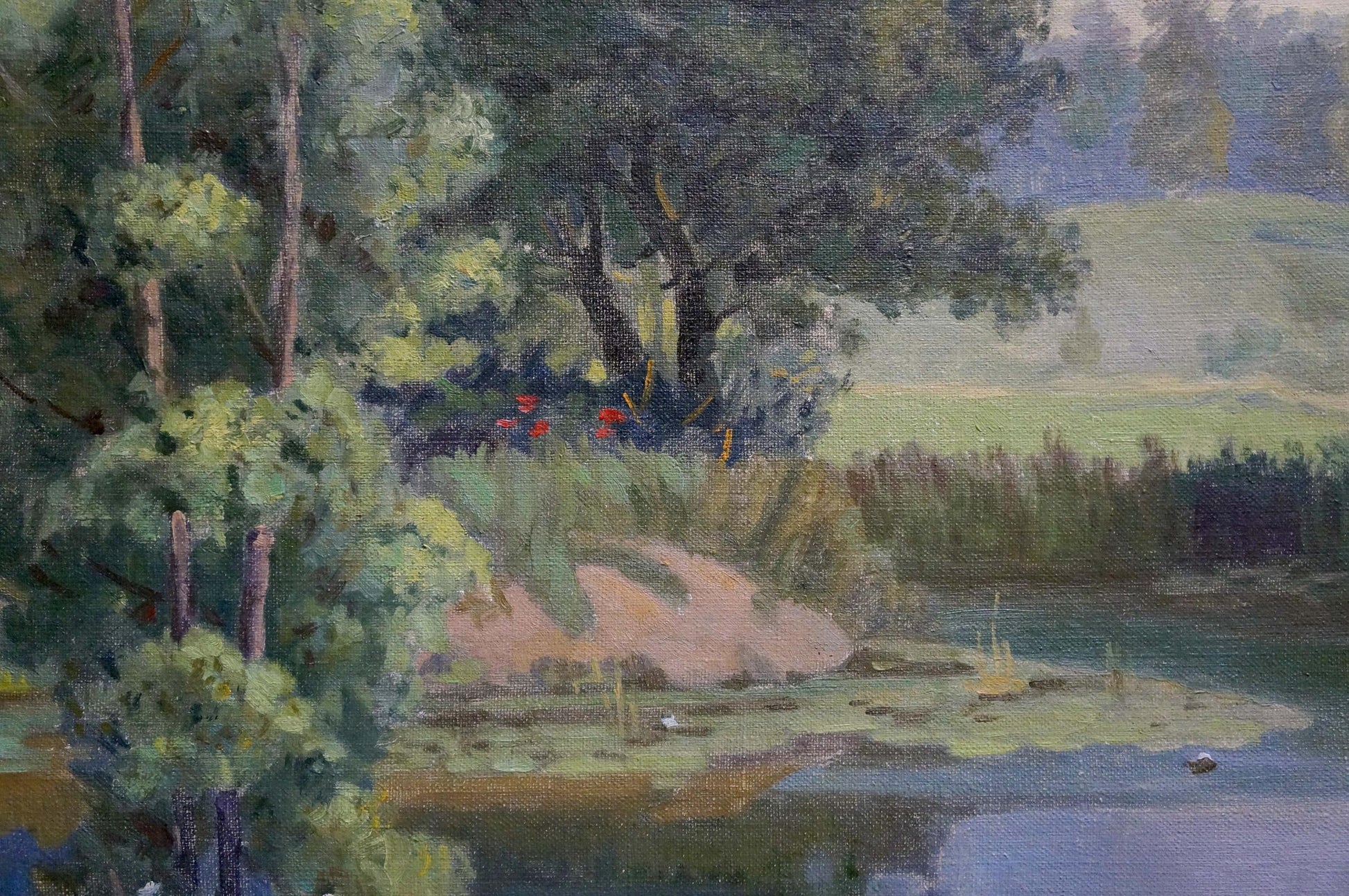Serene Oil painting Landscape Zorya by Galina Denisovna lakeside scene