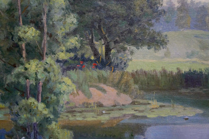 Serene Oil painting Landscape Zorya by Galina Denisovna lakeside scene