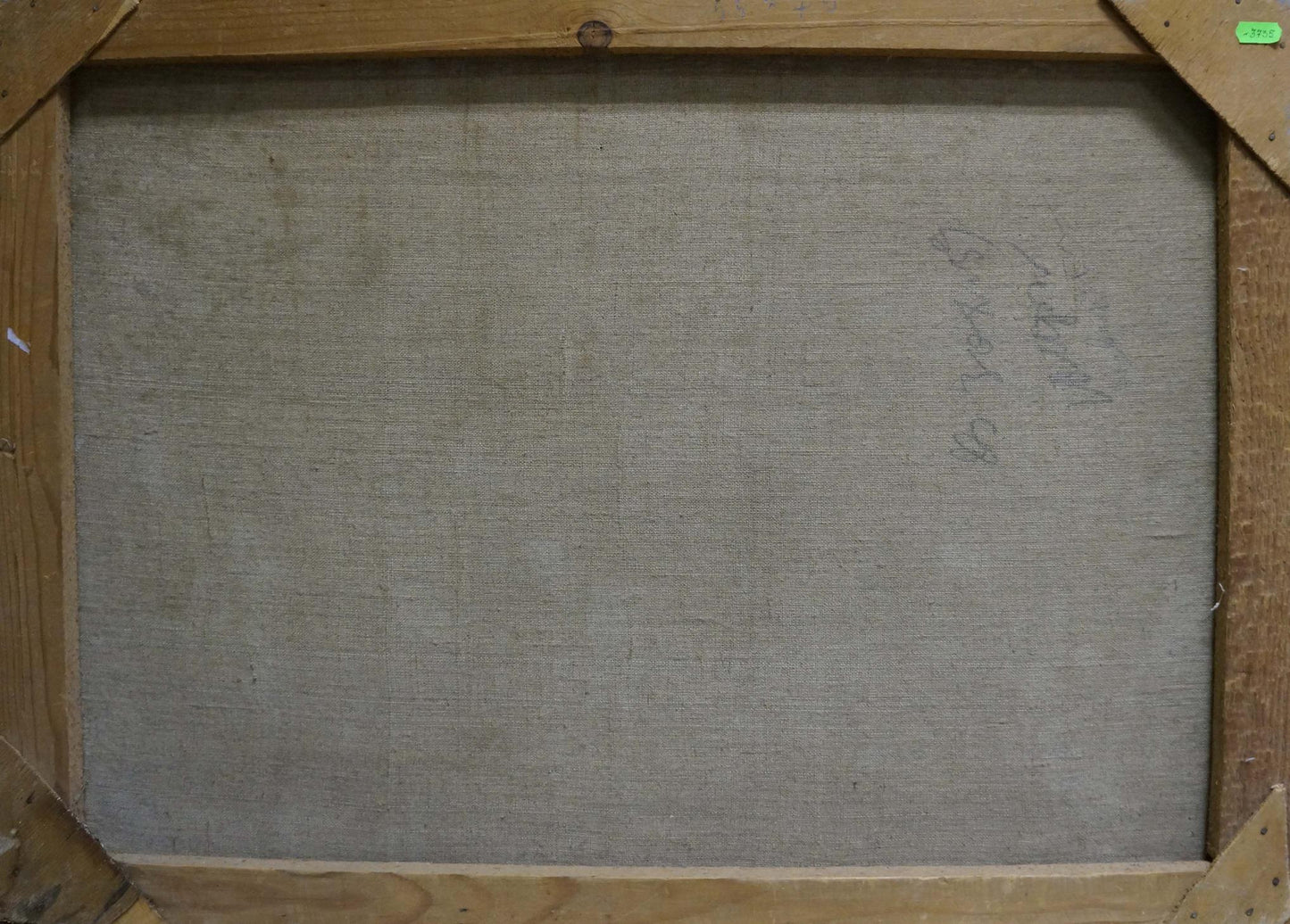 Back of Oil painting Landscape Zorya by Galina Denisovna, beige linen with pencil marks