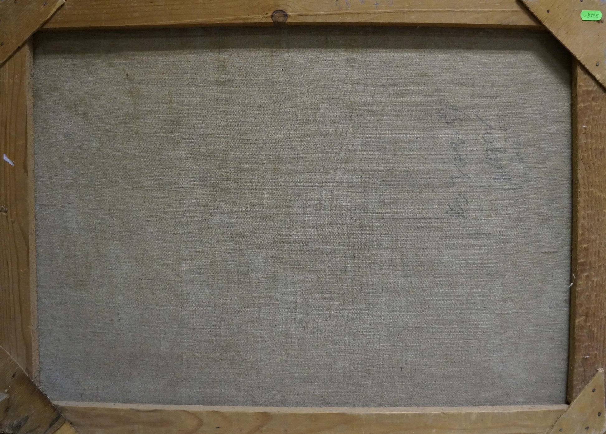 Back of Oil painting Landscape Zorya by Galina Denisovna, beige linen with pencil marks