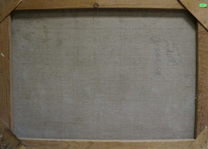 Back of Oil painting Landscape Zorya by Galina Denisovna, beige linen with pencil marks
