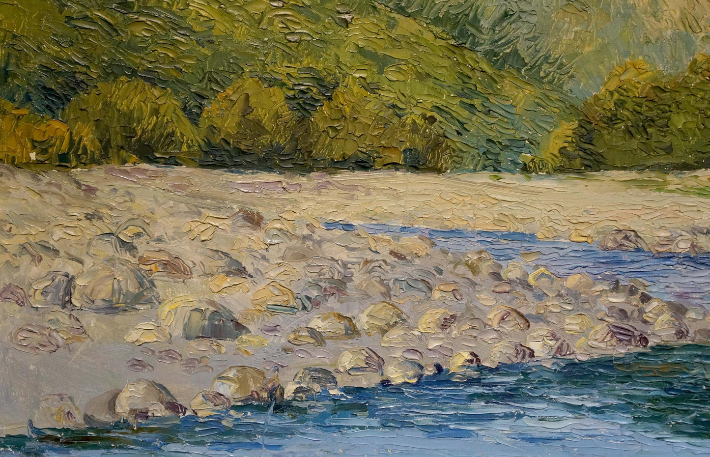 Textured impressionist oil painting of mountain creek riverbank by unknown artist