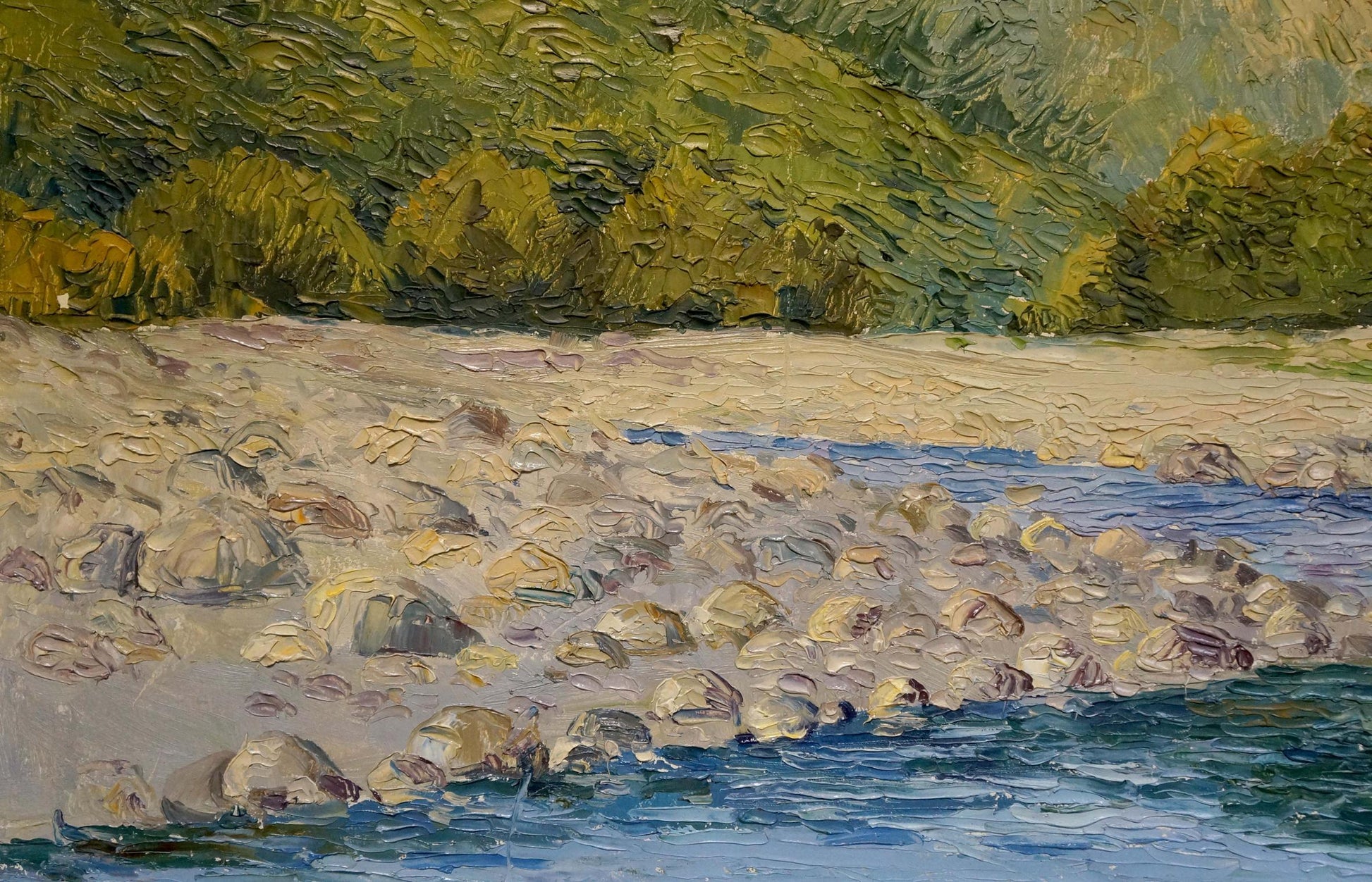 Textured impressionist oil painting of mountain creek riverbank by unknown artist