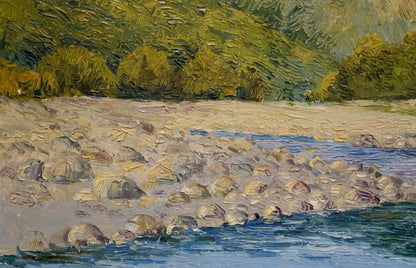 Textured impressionist oil painting of mountain creek riverbank by unknown artist