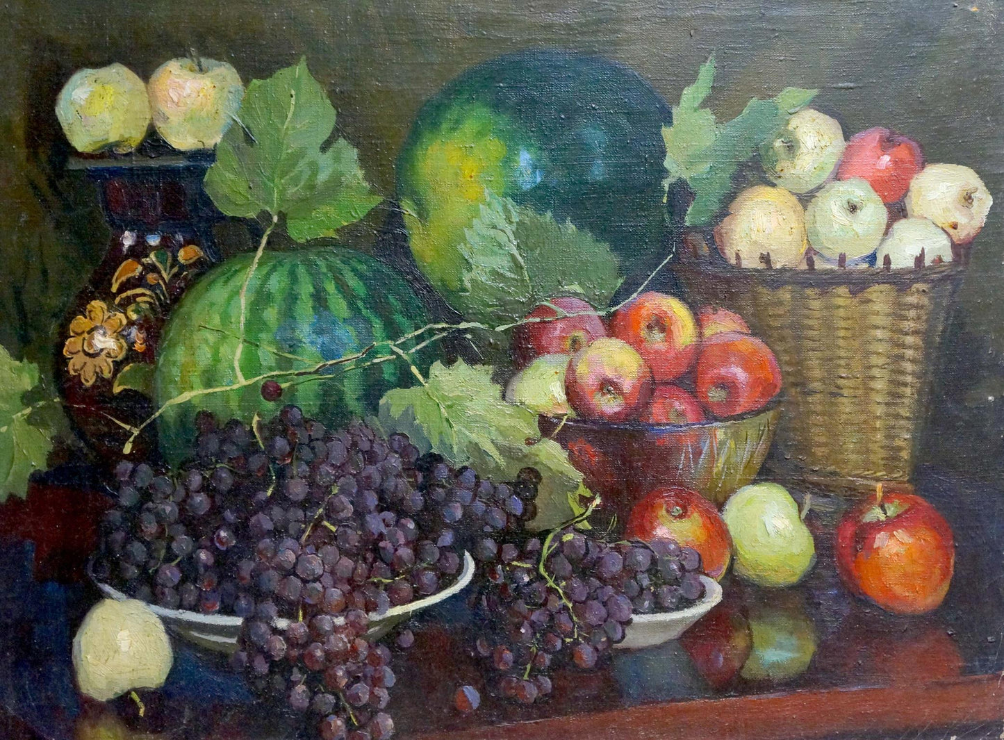 Vibrant oil painting of green-striped watermelon in basket