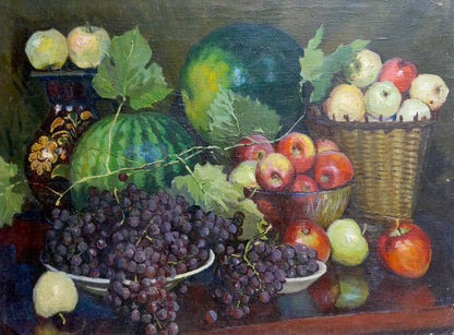 Vibrant oil painting of green-striped watermelon in basket