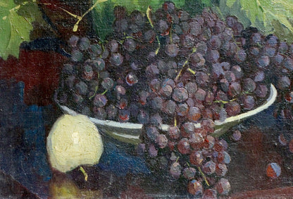 Oil painting of bowl overflowing with glistening dark purple grapes