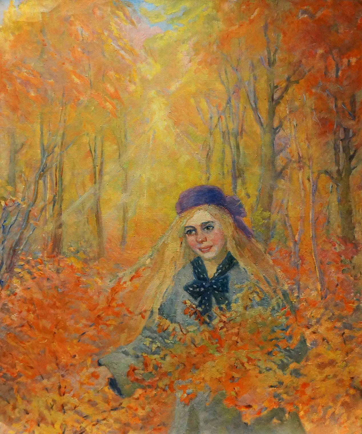 Oil painting Golden autumn by Titarenko Maria Anatolyevna: girl in gray coat amid orange leaves