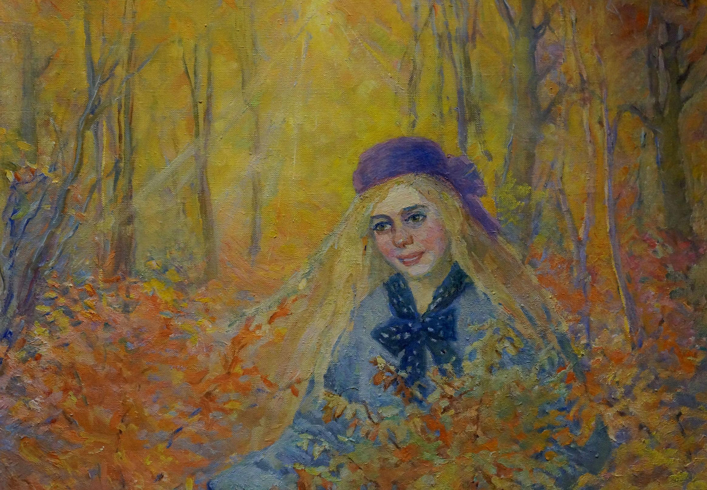 Oil painting Golden autumn by Titarenko Maria Anatolyevna, woman in blue dress purple hat autumn forest