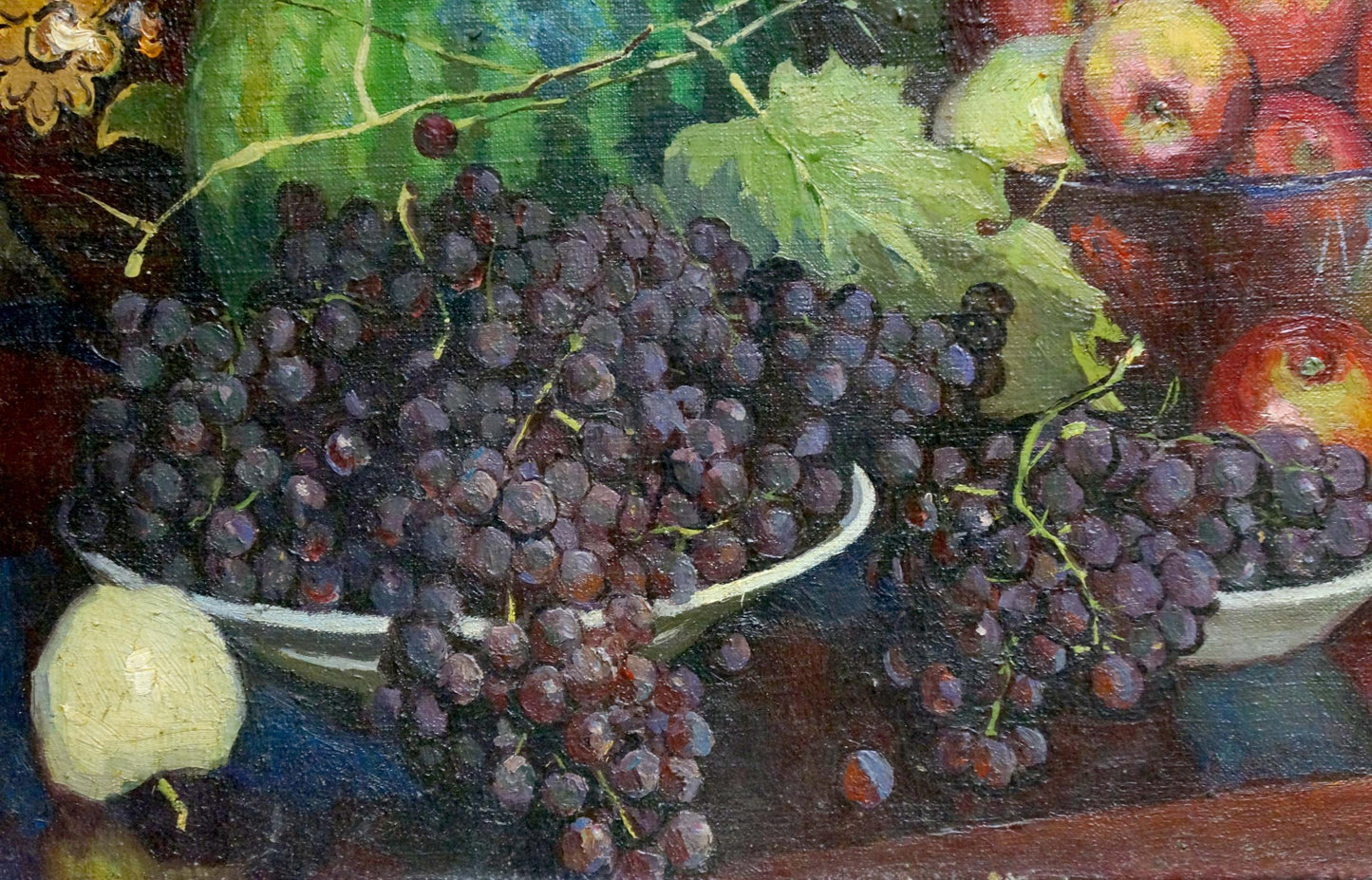 Oil painting of bowl overflowing with glistening dark purple grapes
