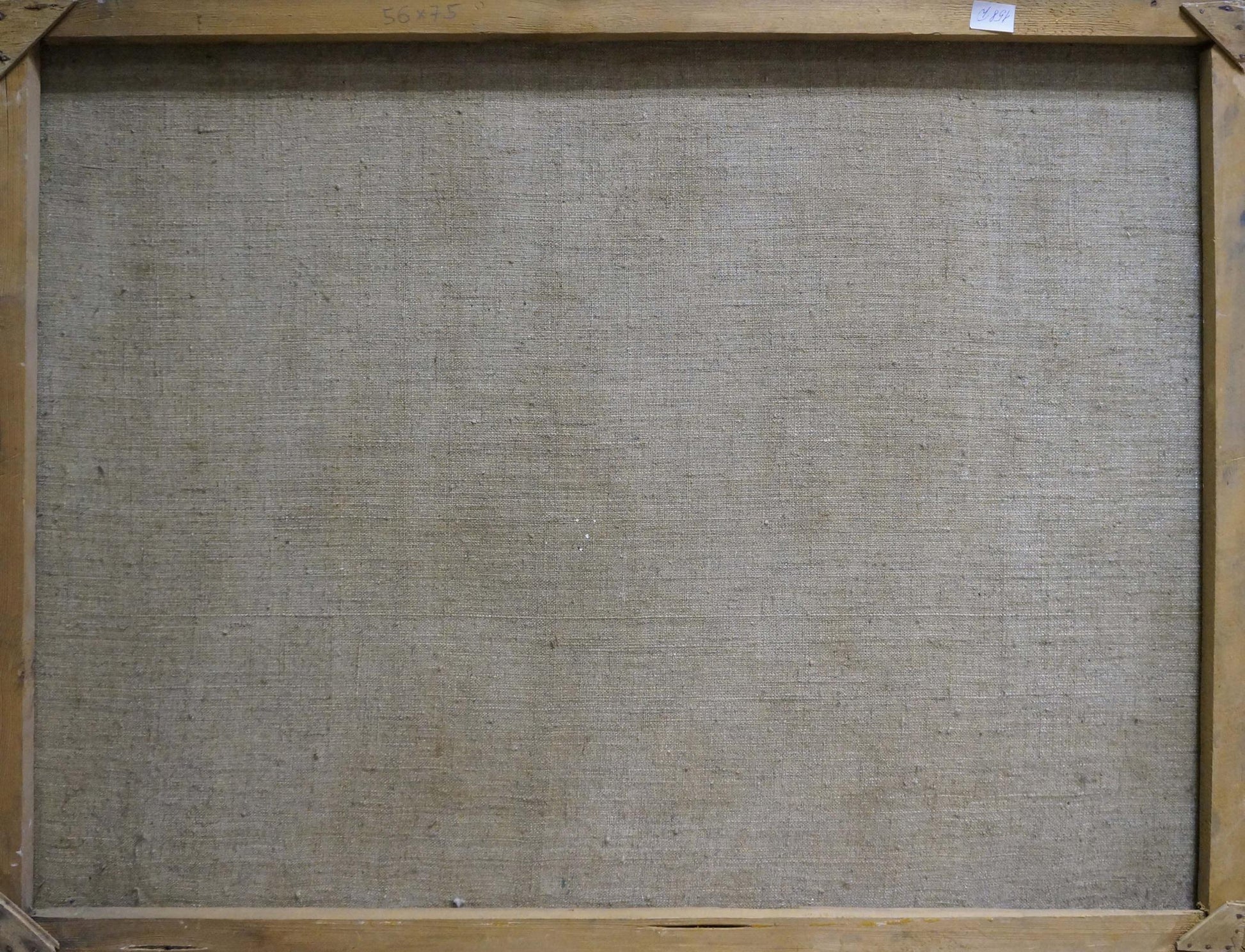 Back of Oil painting Fruit in baskets canvas with beige linen backing