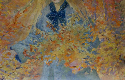 Oil painting Golden autumn by Titarenko Maria Anatolyevna: woman in light blue dress with dark blue bow amid autumn foliage