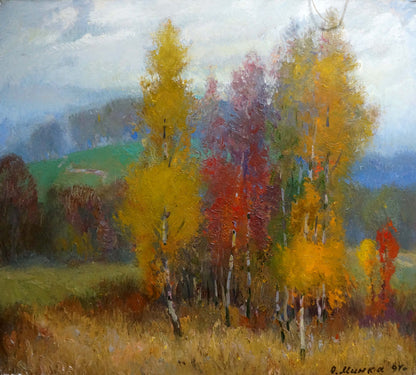 Oil painting Autumn quiet landscape by Alexander Mynka with birch trees
