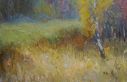 Oil painting Autumn quiet landscape by Alexander Mynka golden grass field