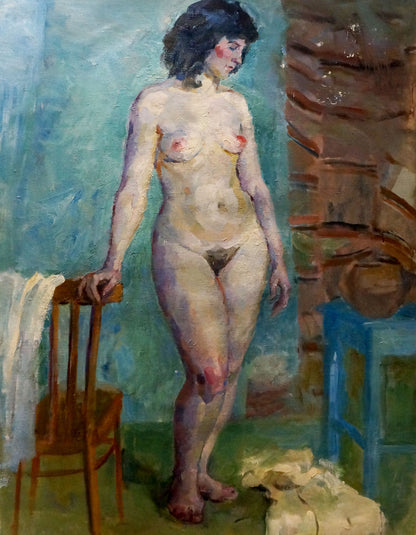 Oil painting of figure Maria Titarenko with dark wavy hair in blue-green room
