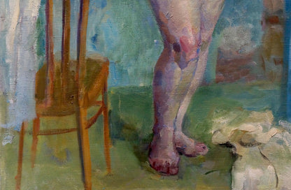Oil painting of female figure model Maria Titarenko on wooden chair