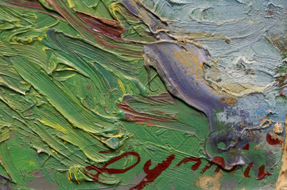 Oil painting Way home by Dupliy Sergey Alexandrovich, textured impasto greens, blues, purples