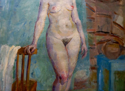 Oil painting of female figure model Maria Titarenko by wooden chair
