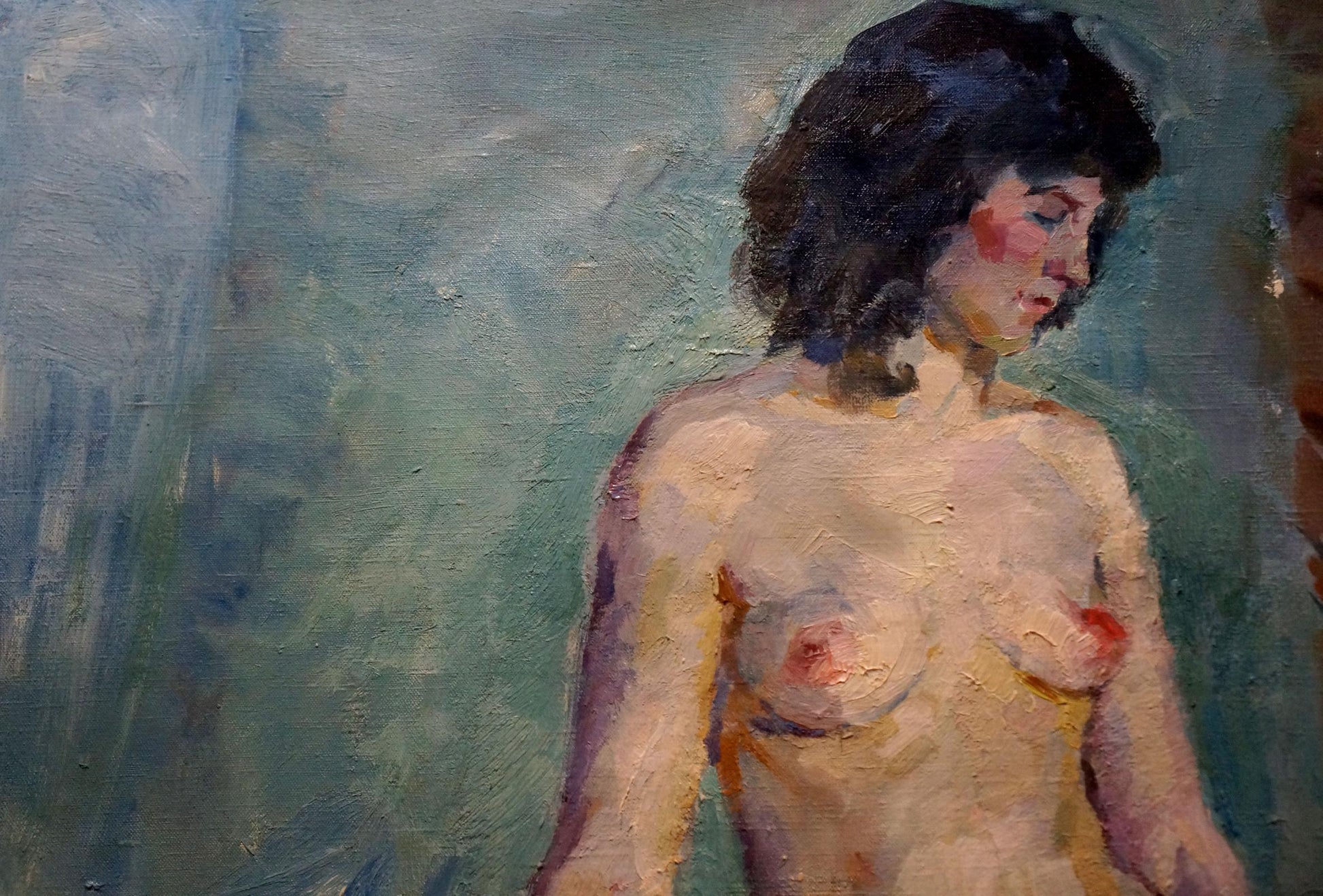 Impressionistic oil painting of figure Maria Titarenko on green background