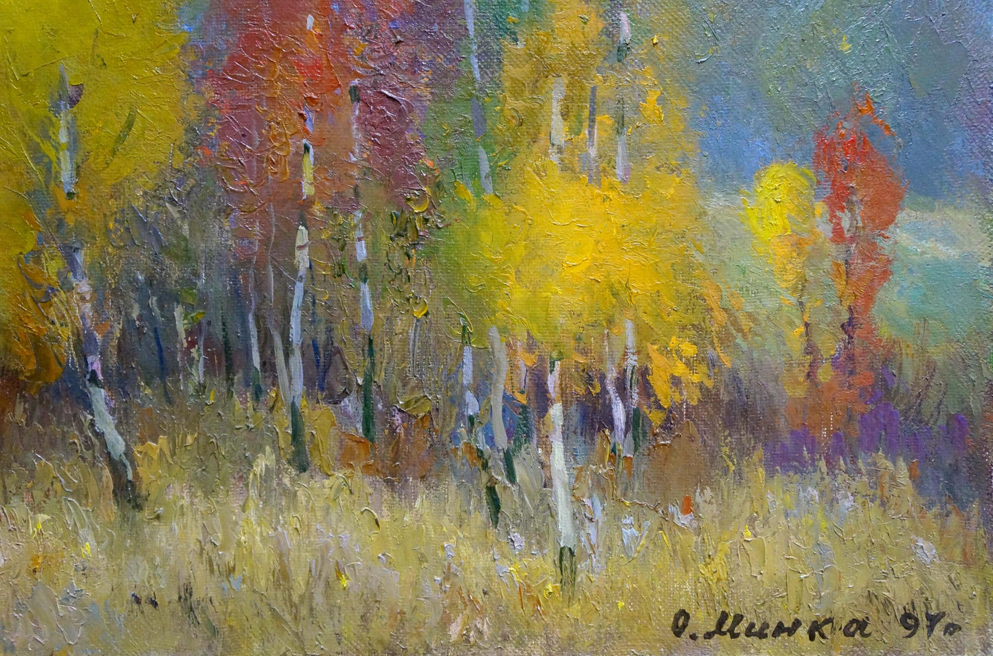 Vibrant impressionist oil painting of autumn birch trees by Alexander Mynka