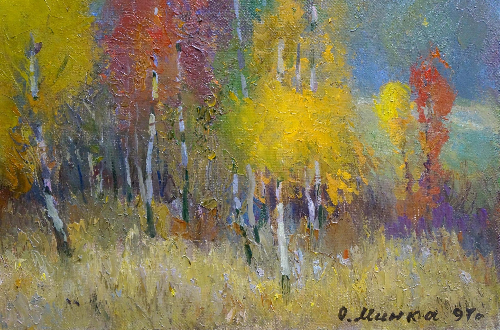 Vibrant impressionist oil painting of autumn birch trees by Alexander Mynka