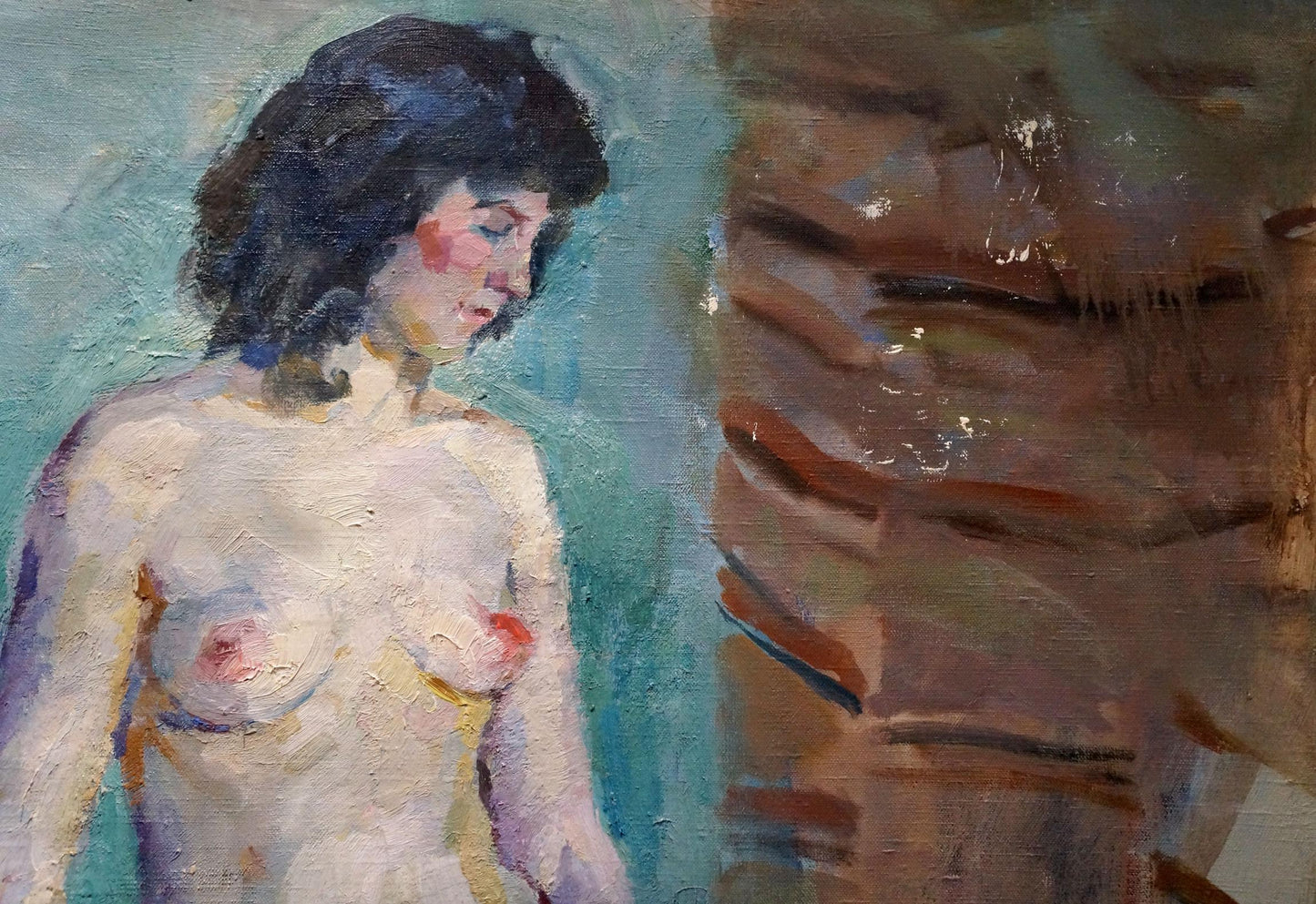 Oil painting of female figure model Maria Titarenko with wavy hair and pink blush