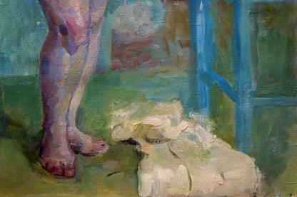 Oil painting of soft off-white dog by Maria Titarenko with visible brushstrokes