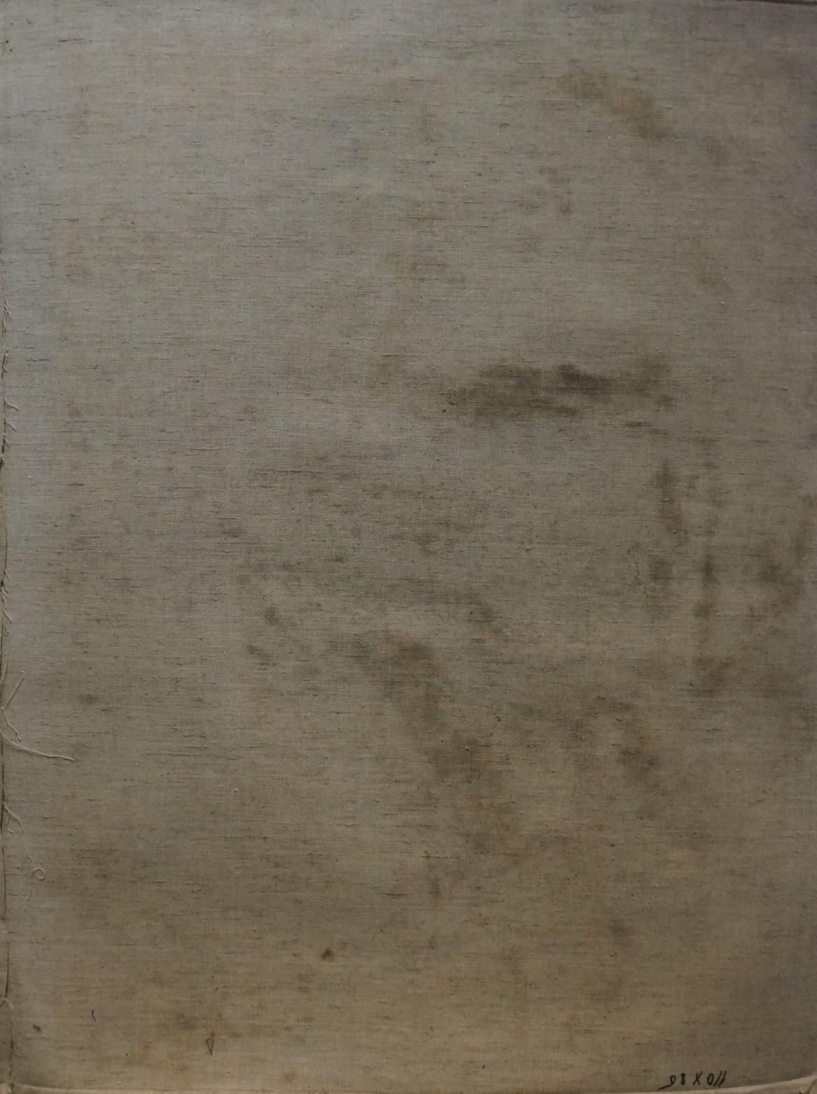 Back of Maria Titarenko figure oil painting with worn off-white fabric, faded brown stains and visible stitching