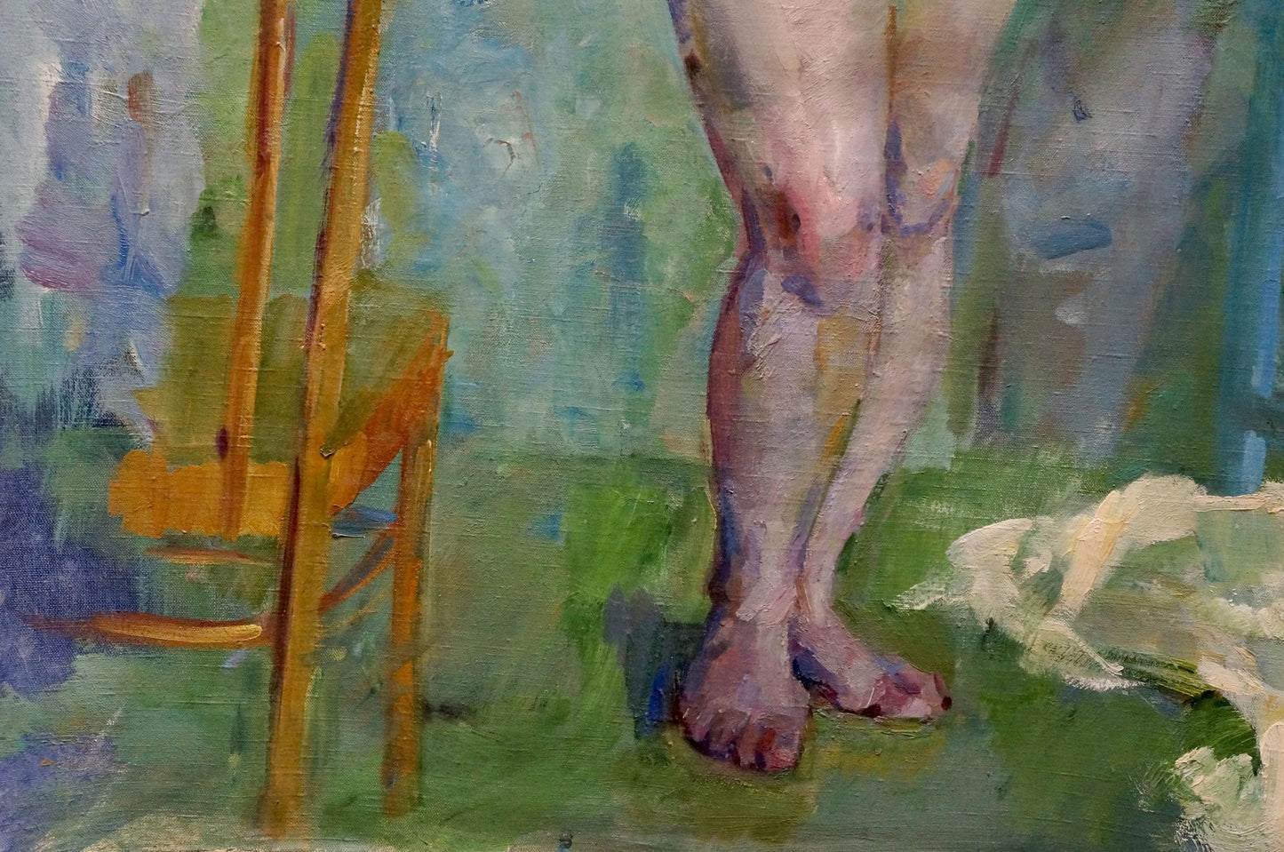 Oil painting of female figure Maria Titarenko on wooden easel with painted legs