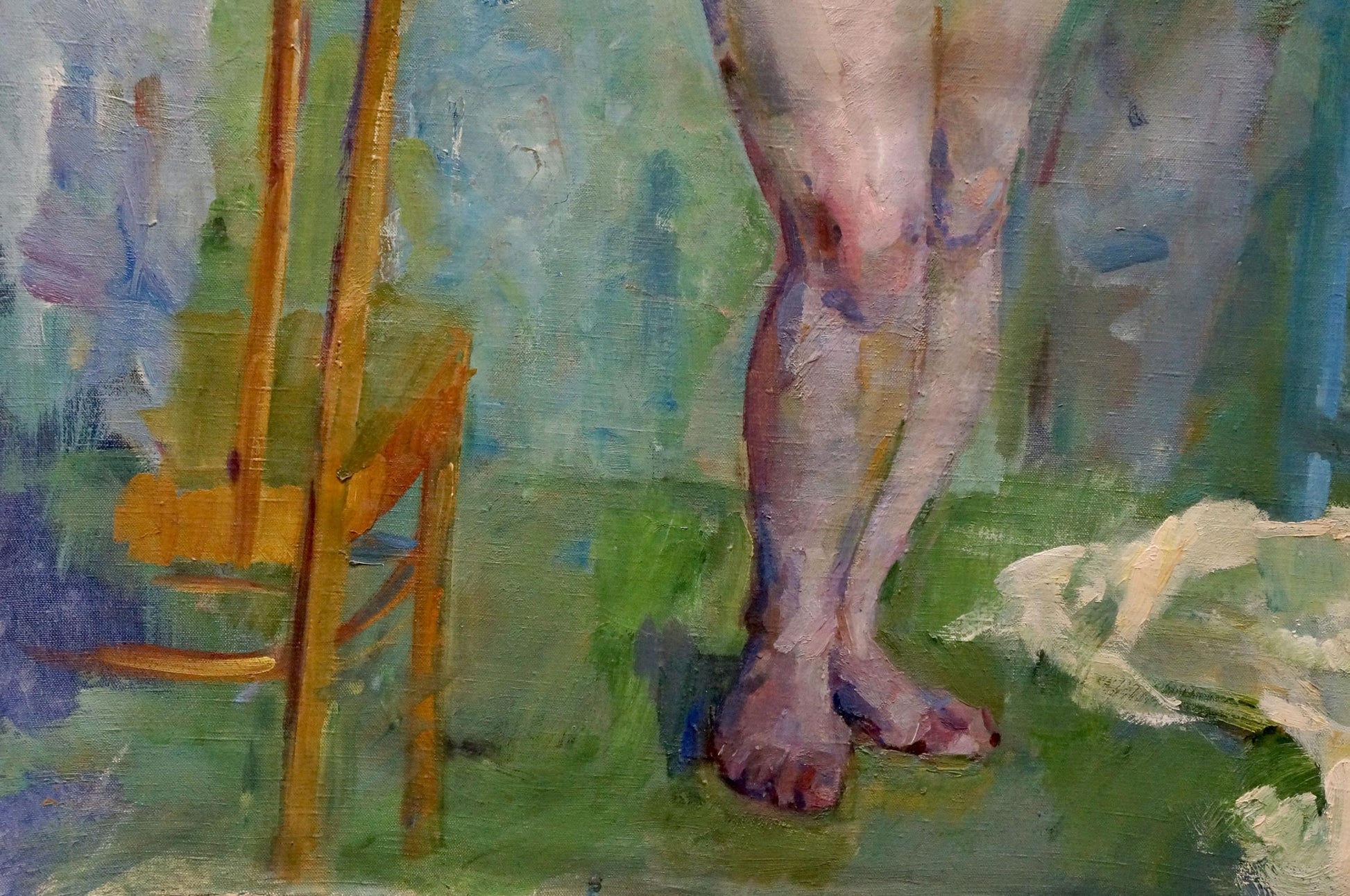Oil painting of female figure Maria Titarenko on wooden easel with painted legs