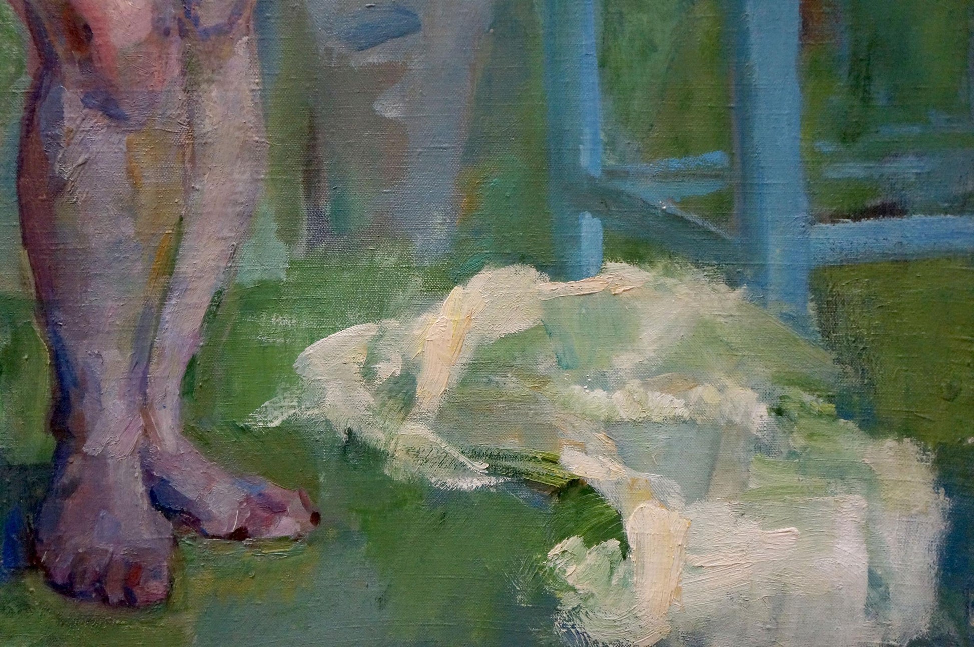 Oil painting of figure Maria Titarenko, soft fabric on green surface by bare legs