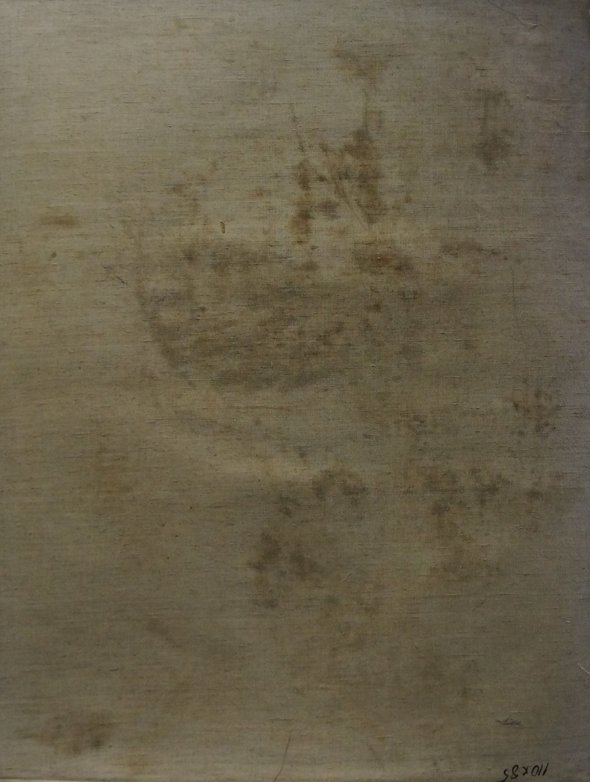 Weathered beige canvas back of oil painting portrait of female figure Maria Titarenko