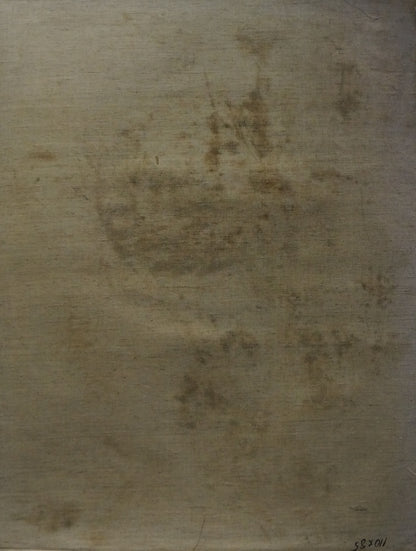 Weathered beige canvas back of oil painting portrait of female figure Maria Titarenko