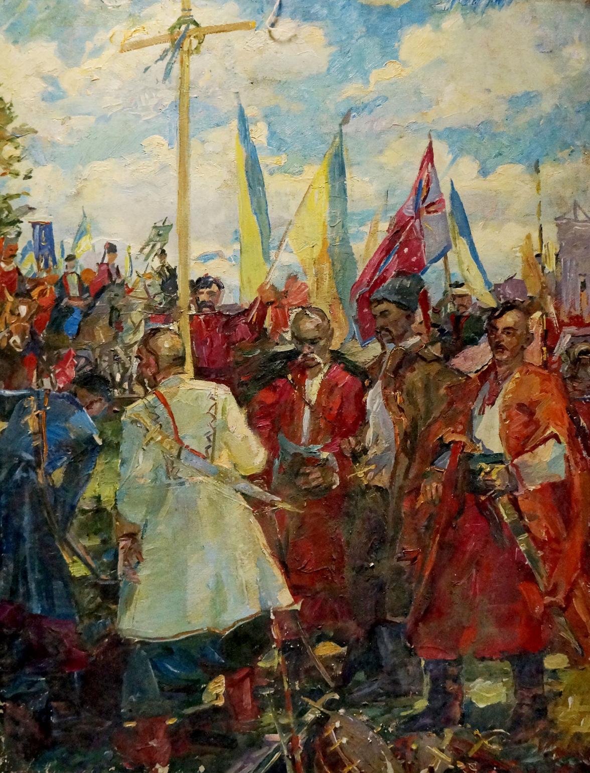 Vibrant oil painting of Cossack warriors portrait by Maria Titarenko