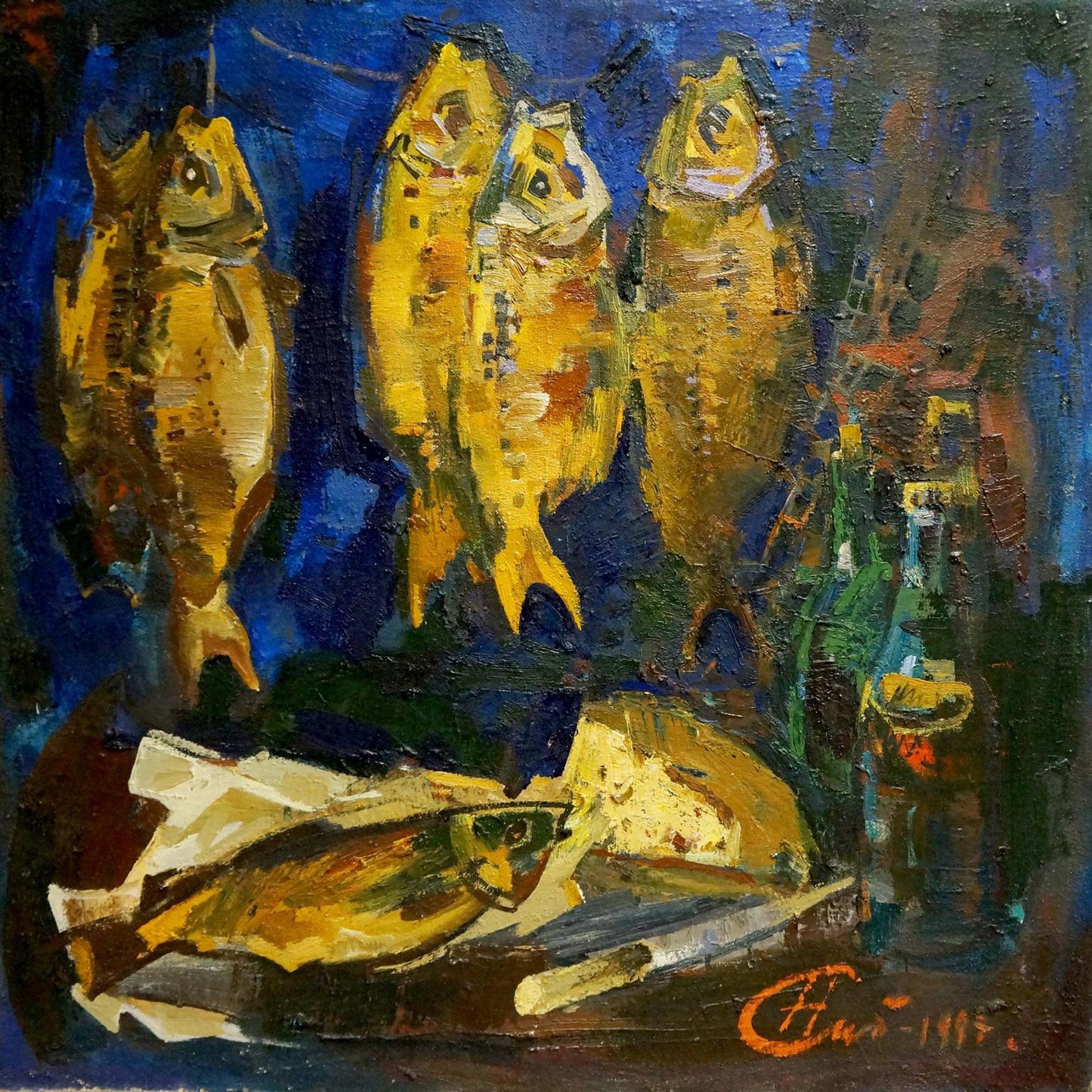 Oil painting of four golden-yellow dried fish by Sologubov Nikolay Vasilievich