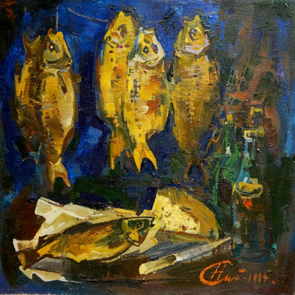 Oil painting of four golden-yellow dried fish by Sologubov Nikolay Vasilievich