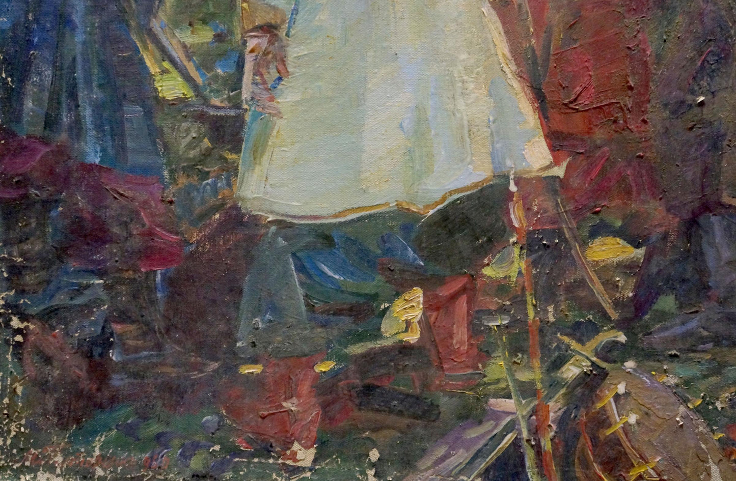 Oil painting Cossack Warriors Portrait by Maria Titarenko, textured off-white with frayed hem
