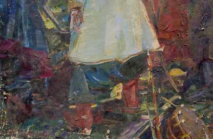 Oil painting Cossack Warriors Portrait by Maria Titarenko, textured off-white with frayed hem