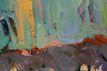 Evening Khvedchuk Leonid Vladimirovich tempera painting with bold green, yellow, red strokes