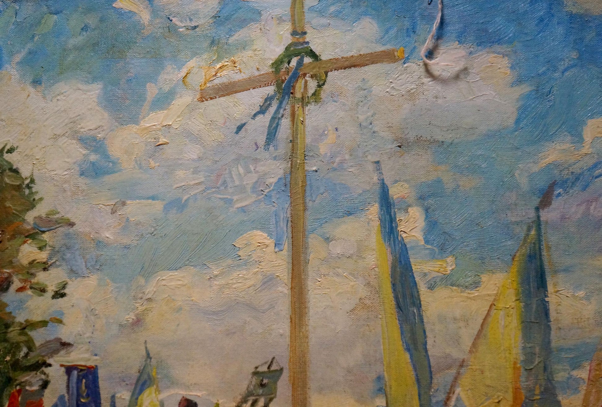 Oil painting of wooden sailboat mast with blue green rope by Maria Titarenko