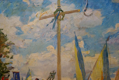 Oil painting of wooden sailboat mast with blue green rope by Maria Titarenko