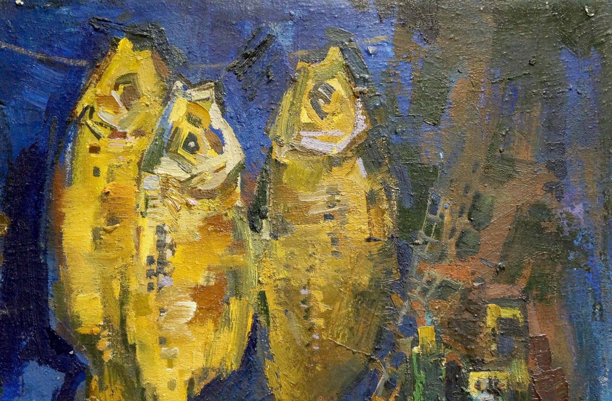 Oil painting of three stylized yellow fish by Sologubov Nikolay Vasilievich